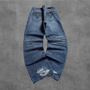 G. Cotton Mens Distressed Denim Jeans Loose Fit Wide‎ Leg Ripped Blue Jeans